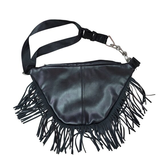 Sacred Hawk Fringe Waist Bag Black Faux Leather cross body boho Rocker bag - Picture 3 of 8